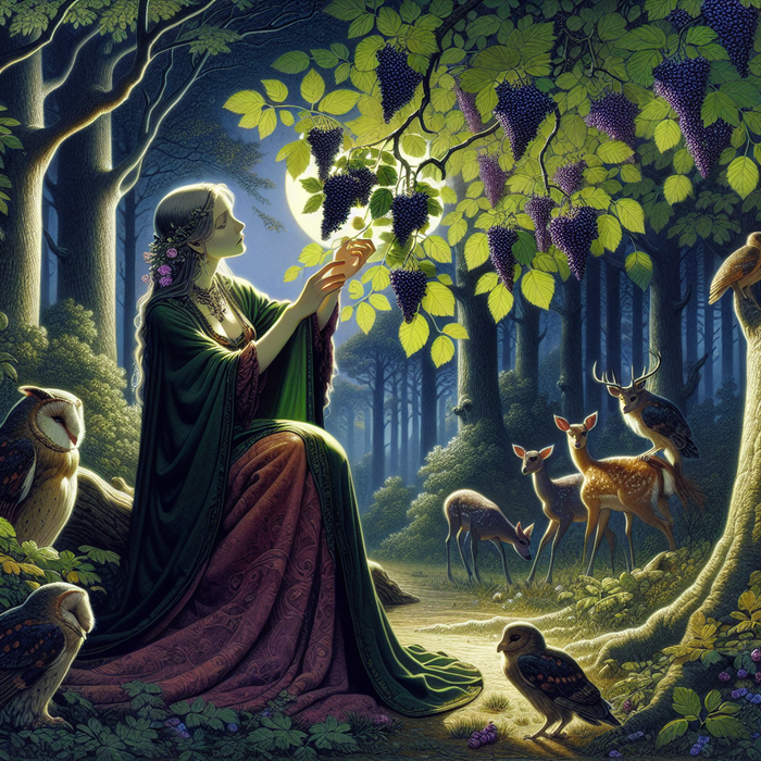 Under the soft moonlit glow, Alyndra forms a symphony with nature, gathering nightberries while surrounded by the entranced creatures of the grove, a mesmerizing dance of trust and mutual respect between the hero and the wild.