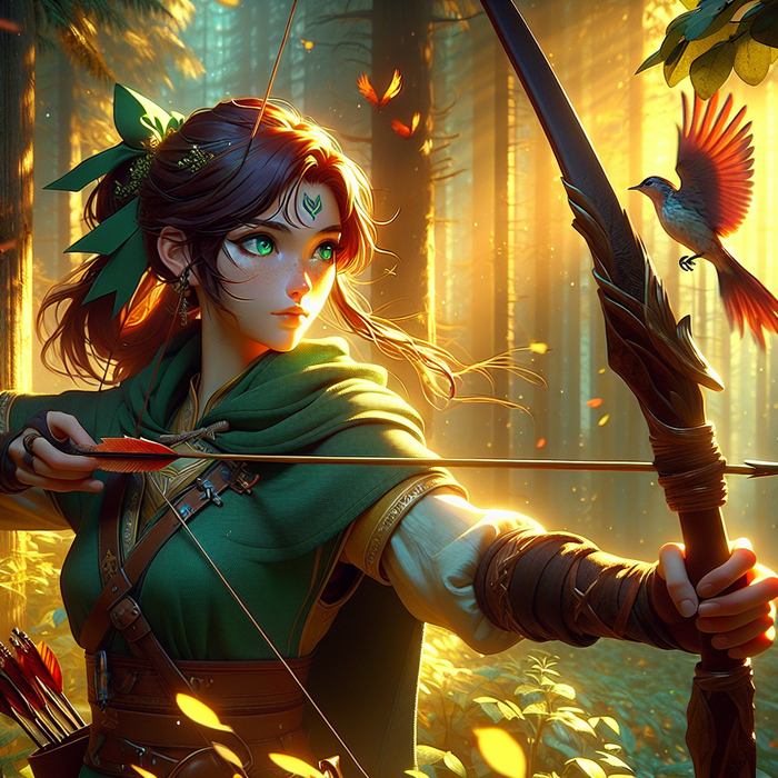 With poise and gentle assurance, Alyndra of the Vale persuades the Silent Songbird to return to Meadowglade, solving nature's puzzles and warding off the forest's sentient protectors in her graceful journey.